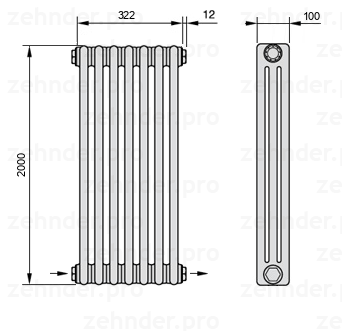 Схема (чертеж) Радиатор Zehnder Charleston 3200/7 №2670 Белый глянцевый RAL 9016